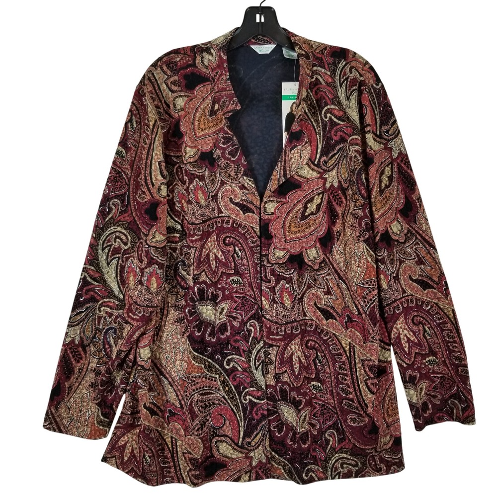 Laura Ashley Cardigan Women 2X Multi Sangria Paisley Open Front Trip Ready NEW‎